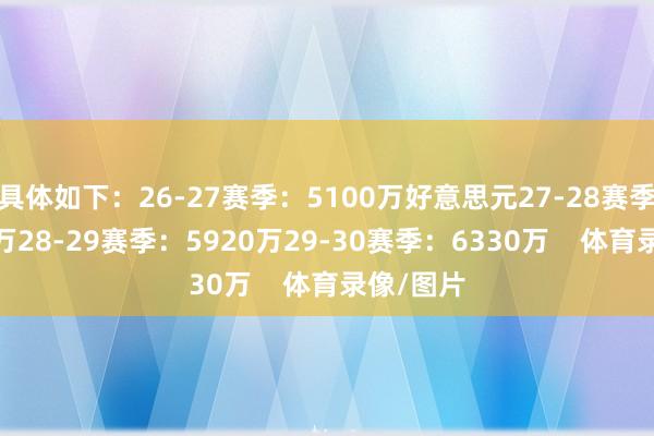 具体如下：26-27赛季：5100万好意思元27-28赛季：5510万28-29赛季：5920万29-30赛季：6330万    体育录像/图片